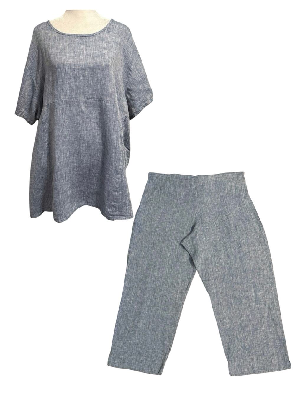 Bryn Walker Set Size XL Pants Top Blue 100% Linen Lagenlook Made in USA